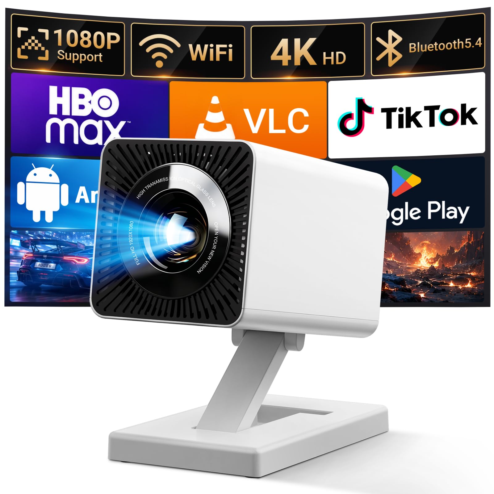 Mini Projector for Bedroom Portable with WiFi 6 and Bluetooth 5.4 Built-in Apps 1080P 4K Support Movie Auto Keystone Ceiling Projector