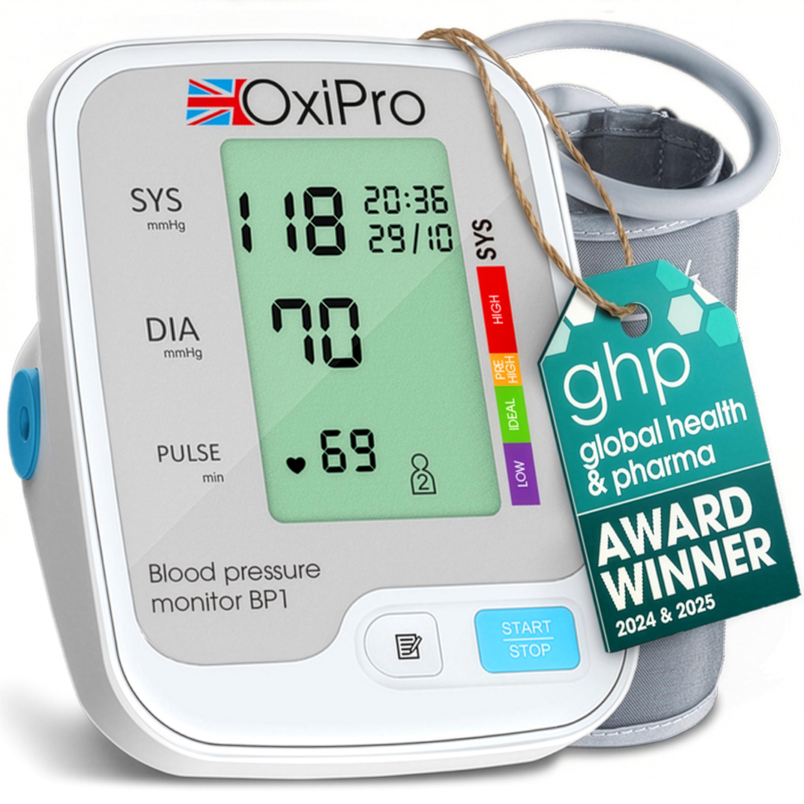 OxiPro BP1 Blood Pressure Monitors - Health & Pharma Recommended - BP Blood Pressure Machines for Home Use with Heart Rate Monitor & Large Cuff - Blood Pressure Monitors, White