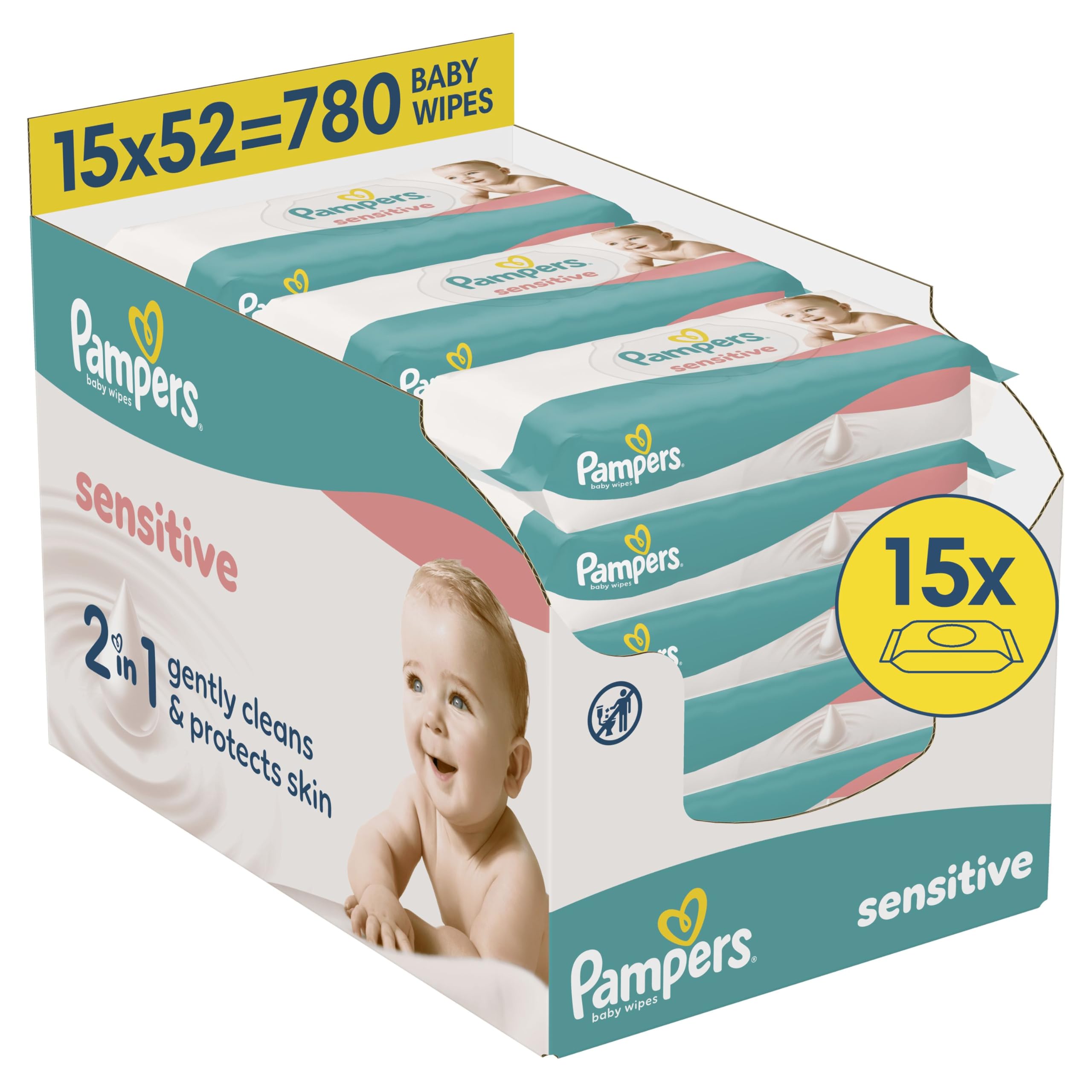 Pampers Sensitive Baby Wipes Plastic Free, 1 Pack of 52 Wipes = 780 Baby Wet Wipes, 2 in 1 Gently Cleans & Protects Skin