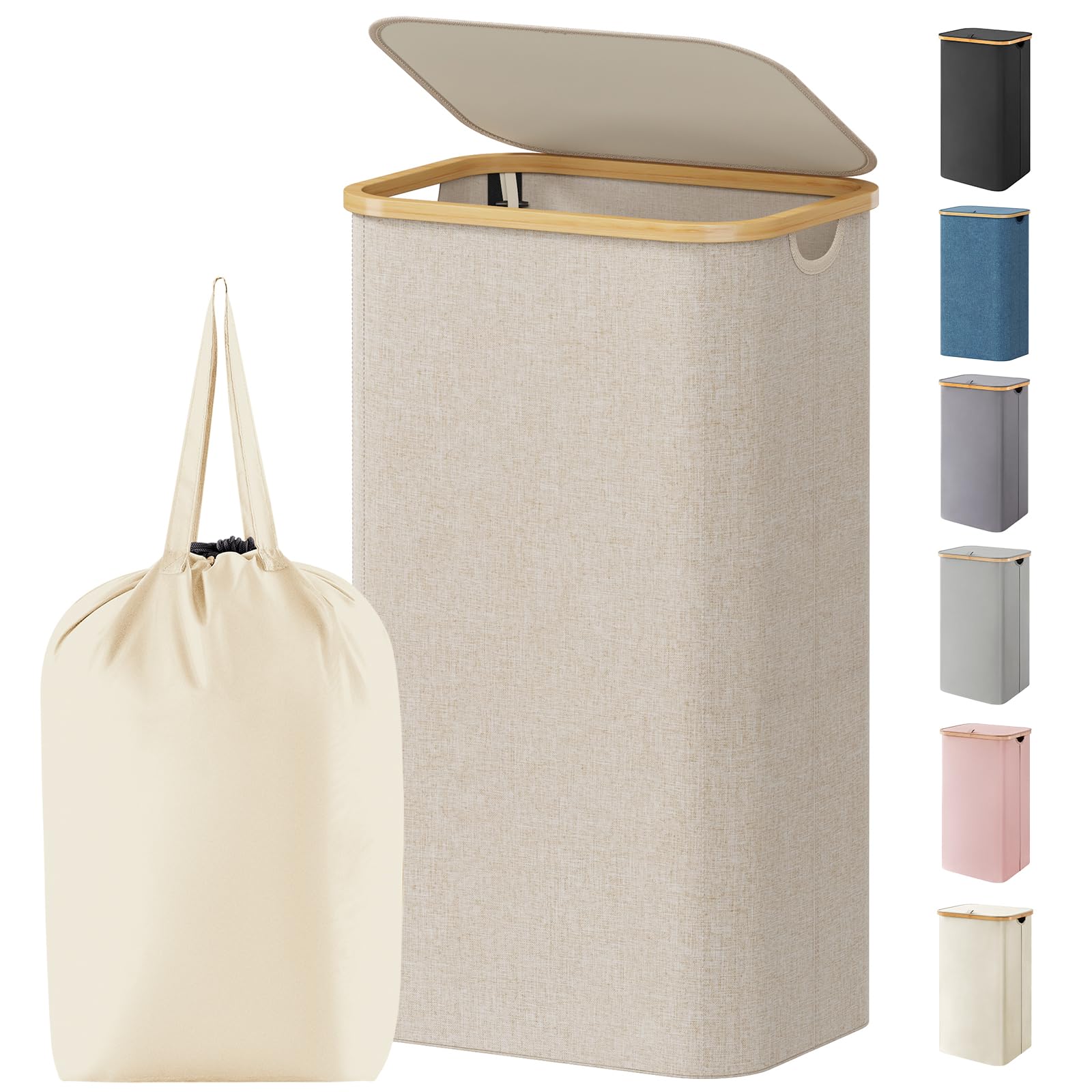 Lifewit 100L Laundry Basket with Lid, Dirty Clothes Bin with Bamboo Handles and A Removable Bag, Large Foldable Washing Basket for Bedroom, Bathroom, Dorm, Laundry Room, Beige